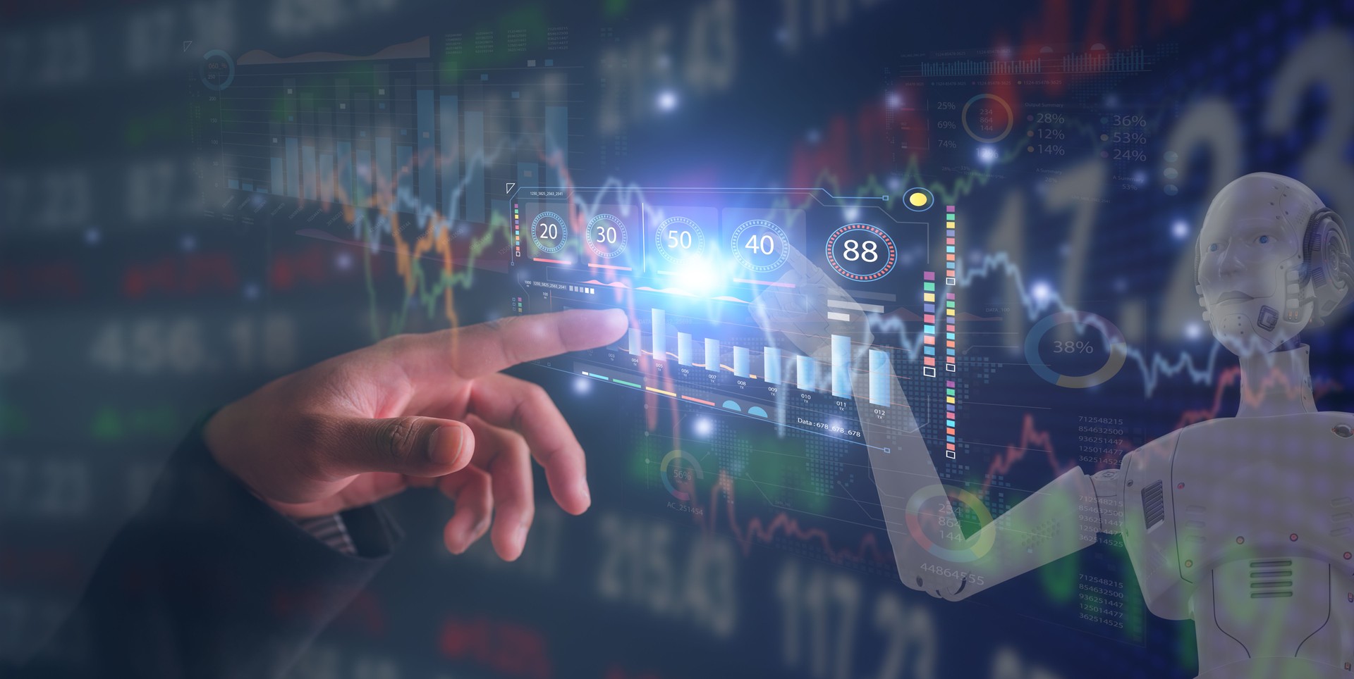 AI trading and data analysis in investment and financial concept Business finance data analytics graph.Financial management technology.Advisor using KPI Dashboard on virtual screen working with robot