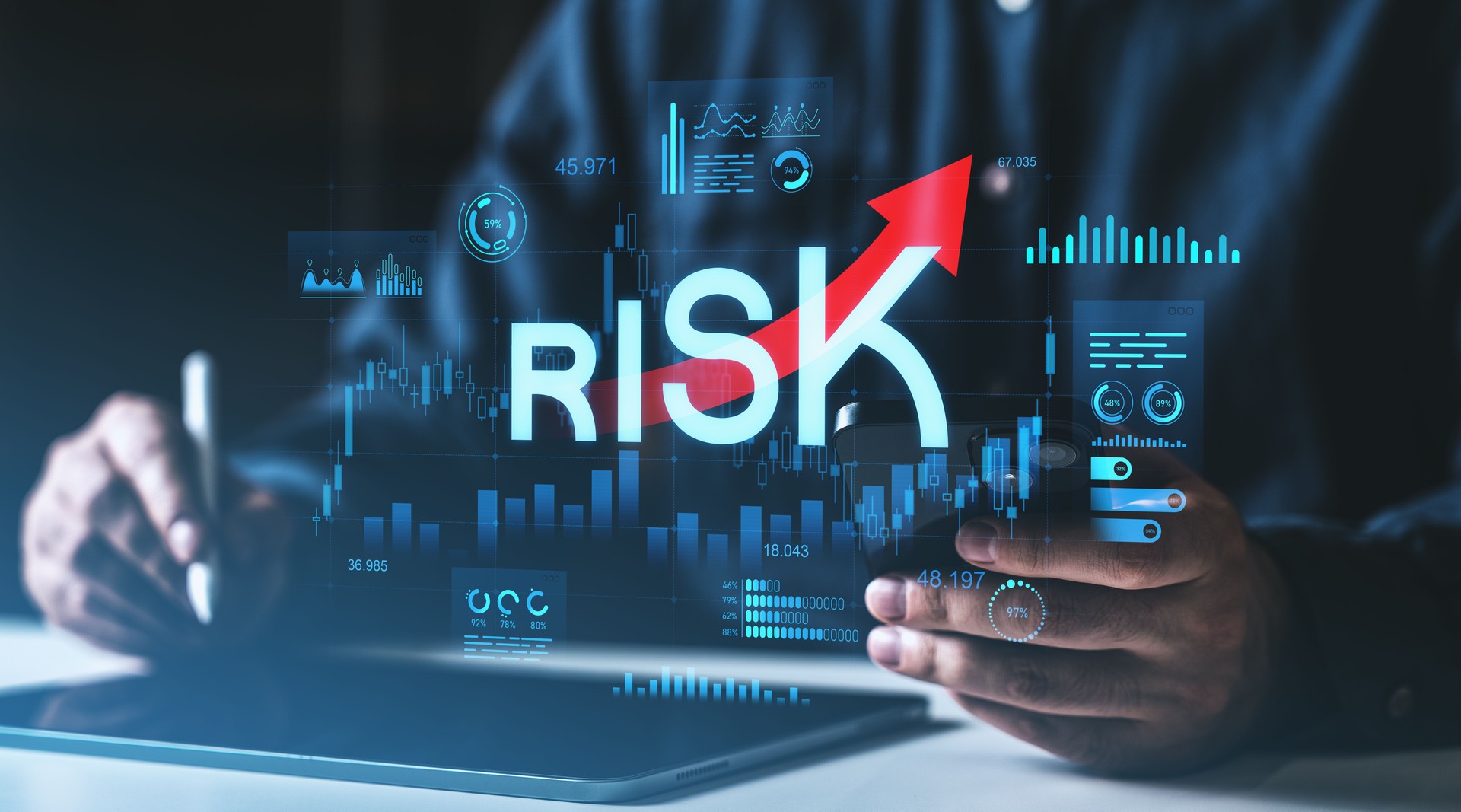 Risk analysis and forex trading chart on digital interface background concept.