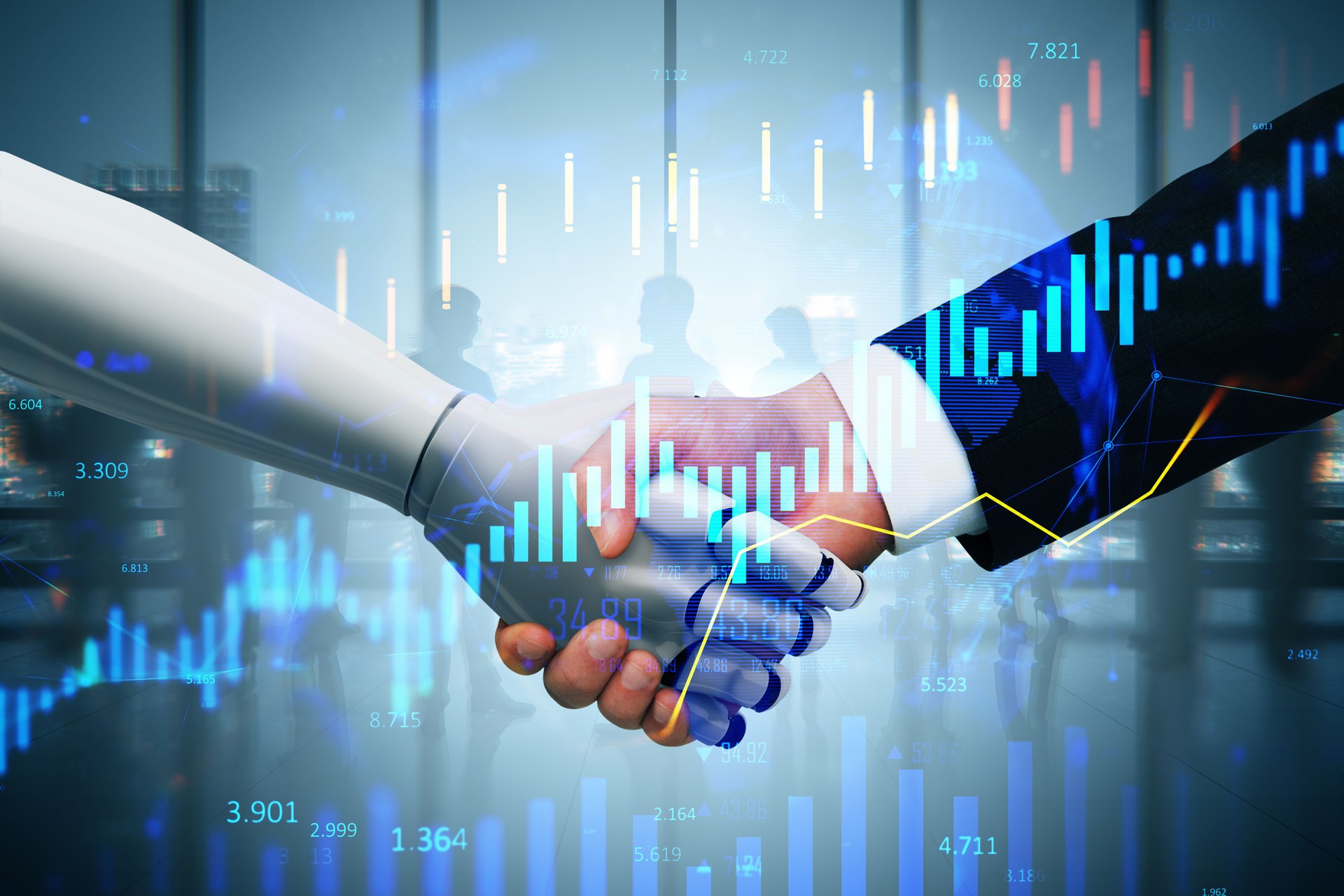 Businessman shaking robot hand with financial chart overlay, symbolizing partnership and technology in futuristic forex market environment.